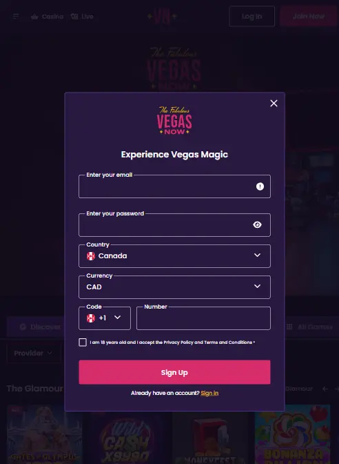 VegasNow Sign Up